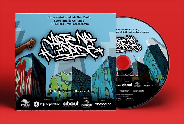 Envelope e rótulo de DVD para o documentário Arte na Cidade, de Onofre Bonesso Jr - About Produções.